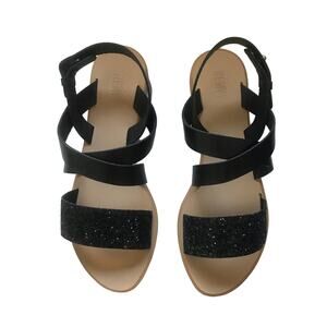 RENVY Black Glitter Leather Strappy Flat Sandals Shoes